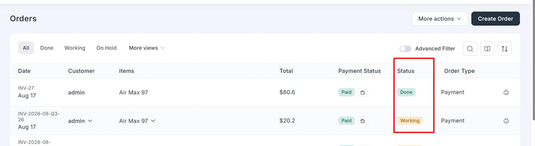 Updated order status in the admin