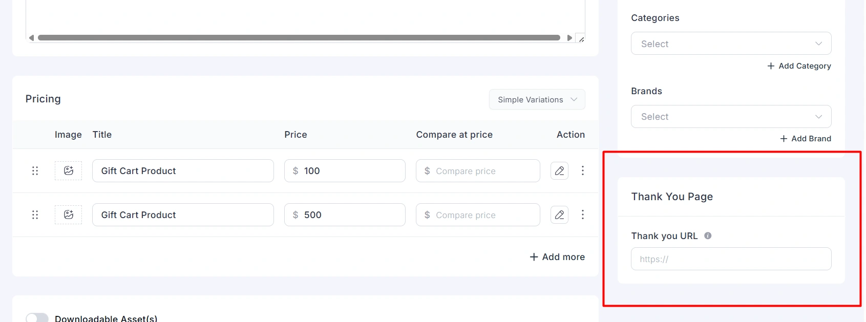 Thank You Page on the product edit screen