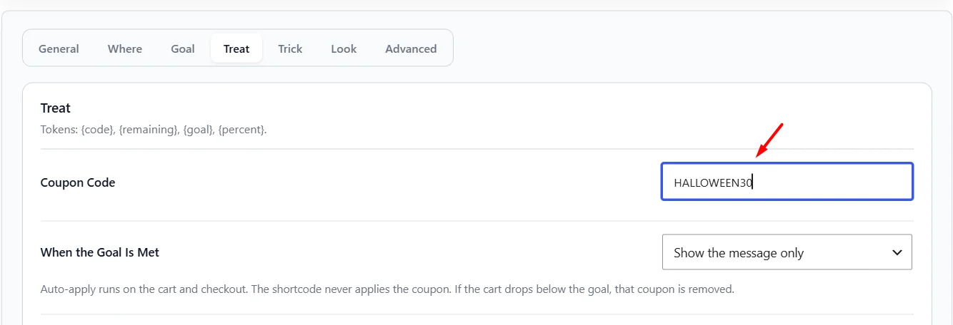 FluentCart coupon editor. Create the code here first, then paste the same code into Trick-or-Treat.