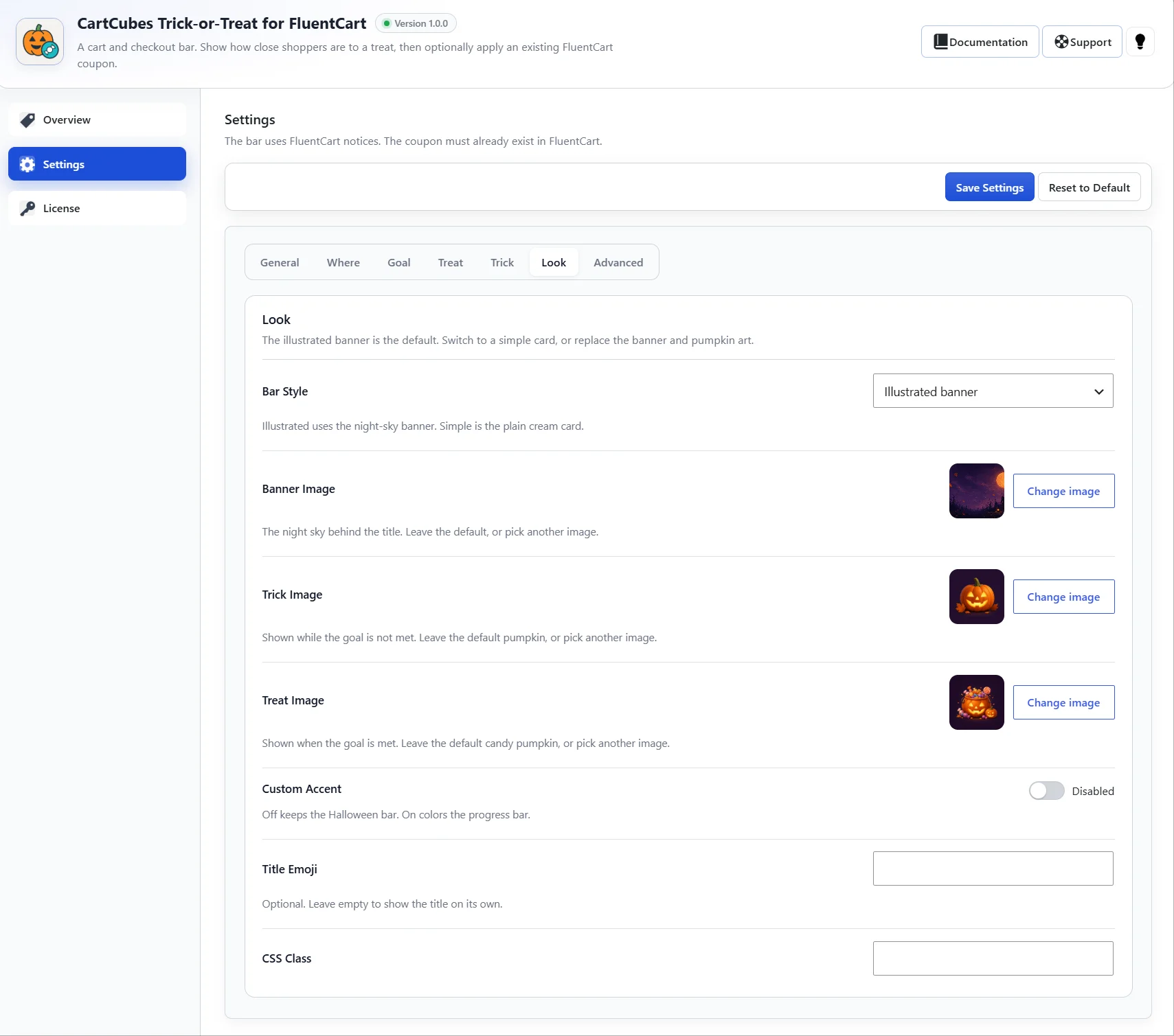 Look tab with banner, trick, and treat image pickers, plus accent, emoji, and CSS class.