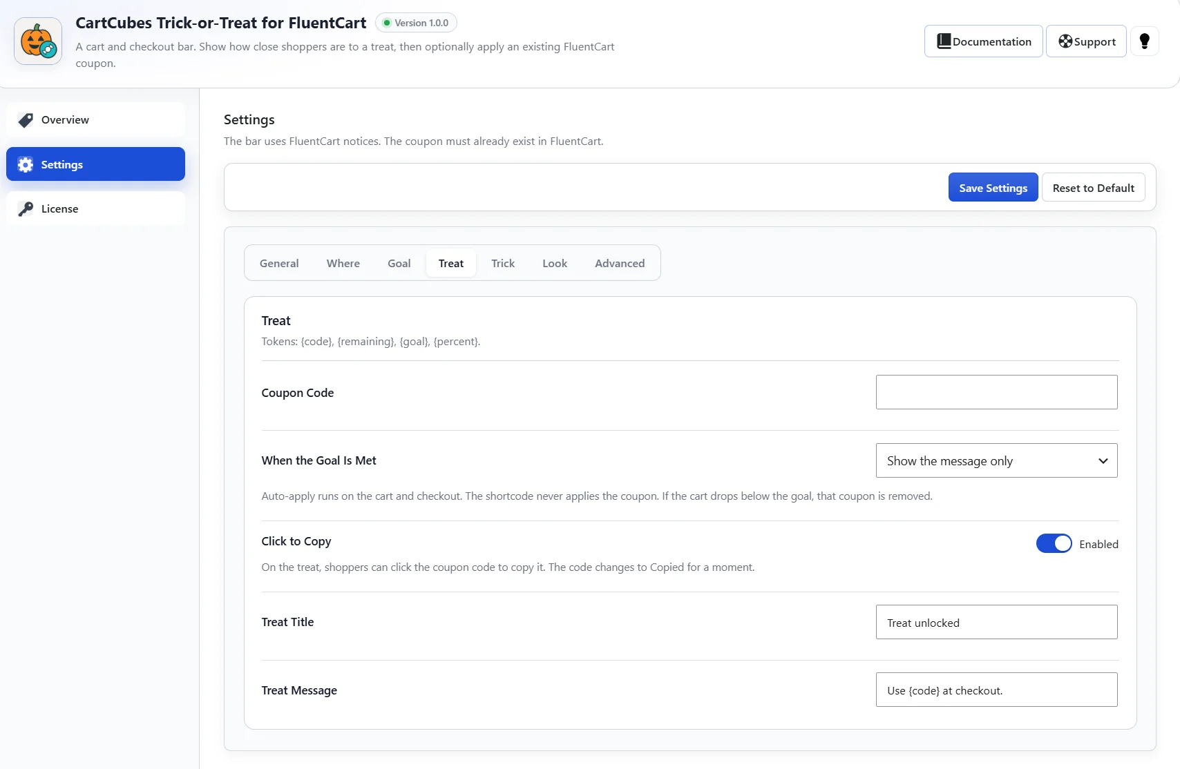 Treat tab with the coupon code, message or auto-apply, Click to Copy, title, and message.