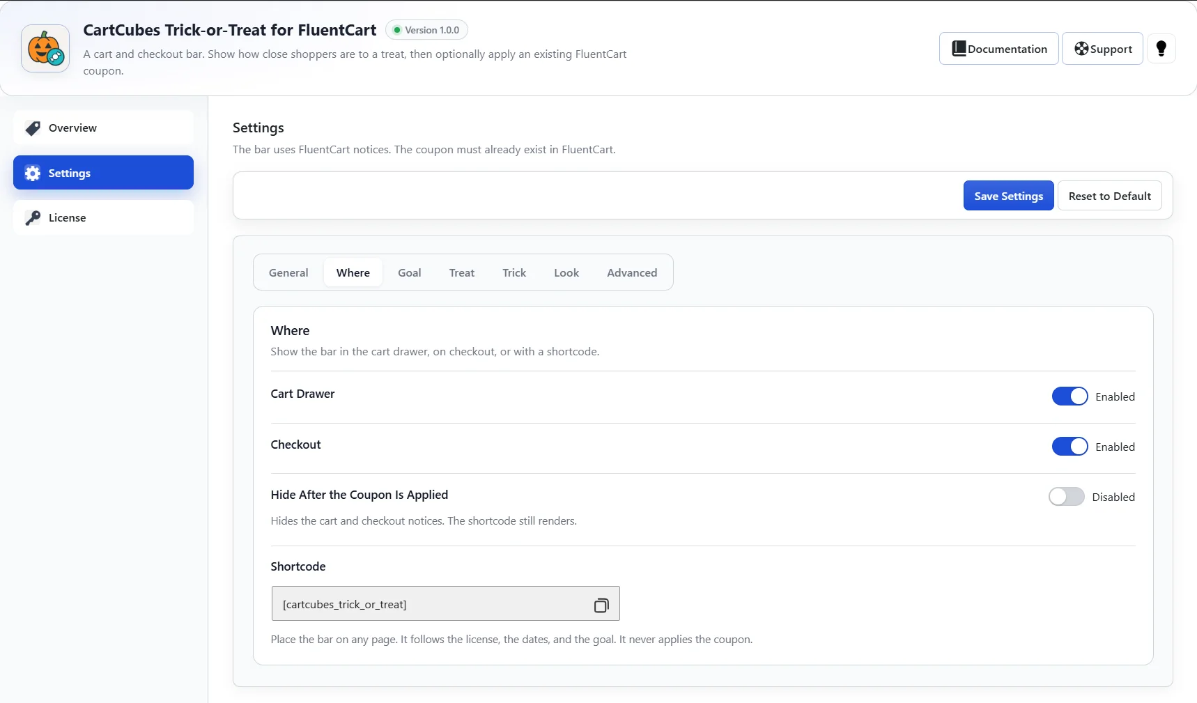 Where tab with Cart Drawer, Checkout, Hide After the Coupon Is Applied, and the shortcode.