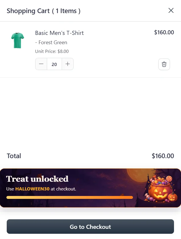 Cart drawer after the goal, with Treat unlocked and the coupon code in the message.