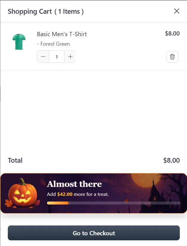 Cart drawer with the illustrated trick bar above Go to Checkout, showing Almost there and the amount still needed.