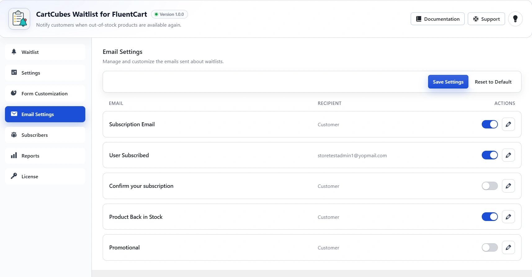 Email Settings with the five templates: Subscription Email, User Subscribed, Confirm your subscription, Product Back in Stock and Promotional.