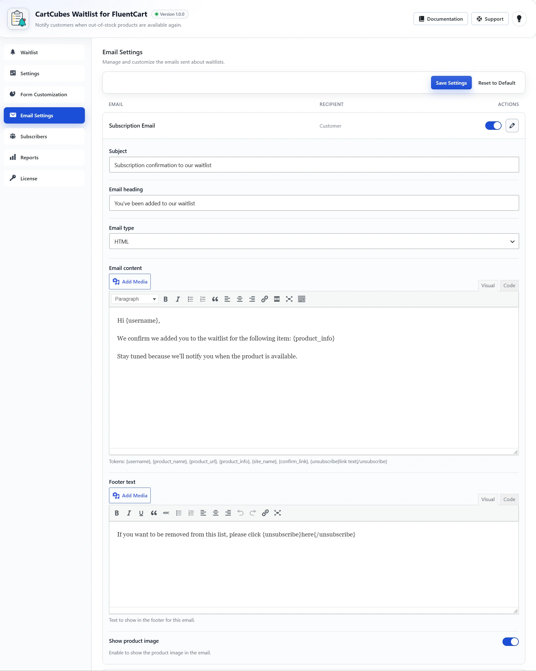 Subscription Email editor: enable toggle, subject, heading, HTML or plain text, body, footer and show product image.