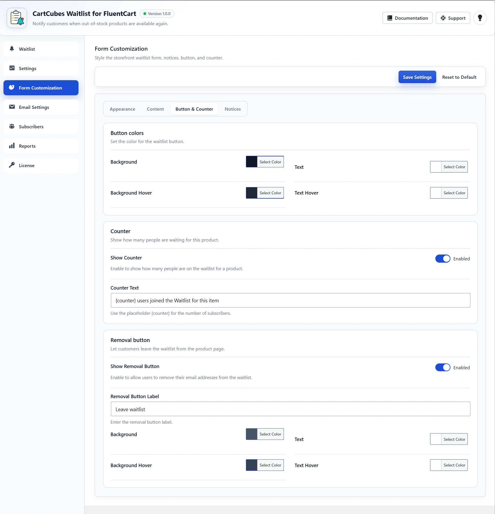 Button and Counter tab: notify button colors, Show Counter, counter text, and the removal button with its own label and colors.