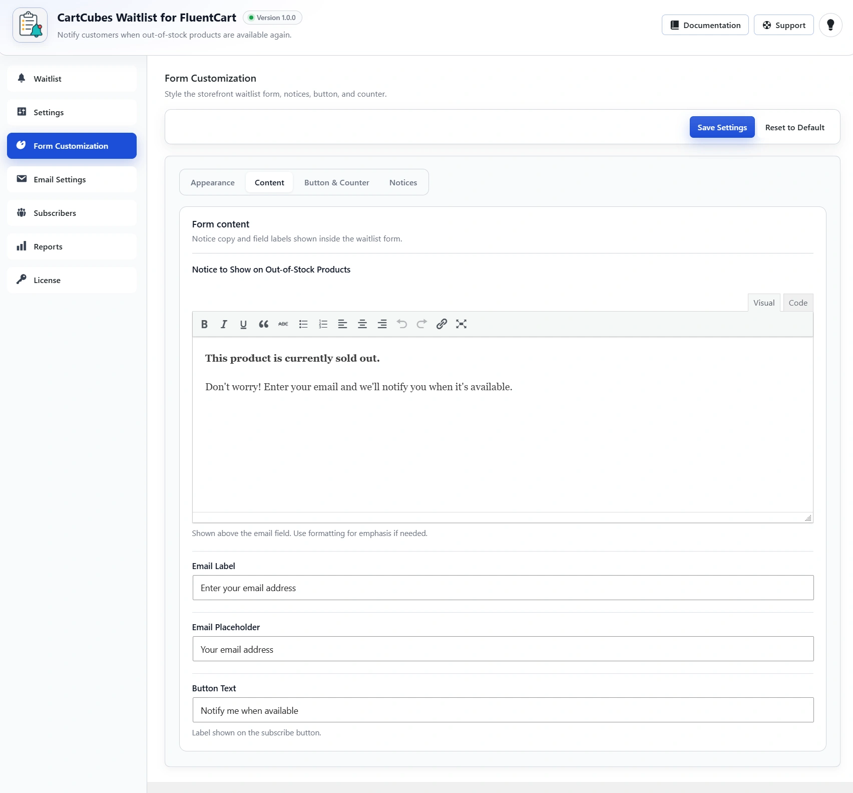 Form content settings: the out-of-stock notice, email label, placeholder and button text.