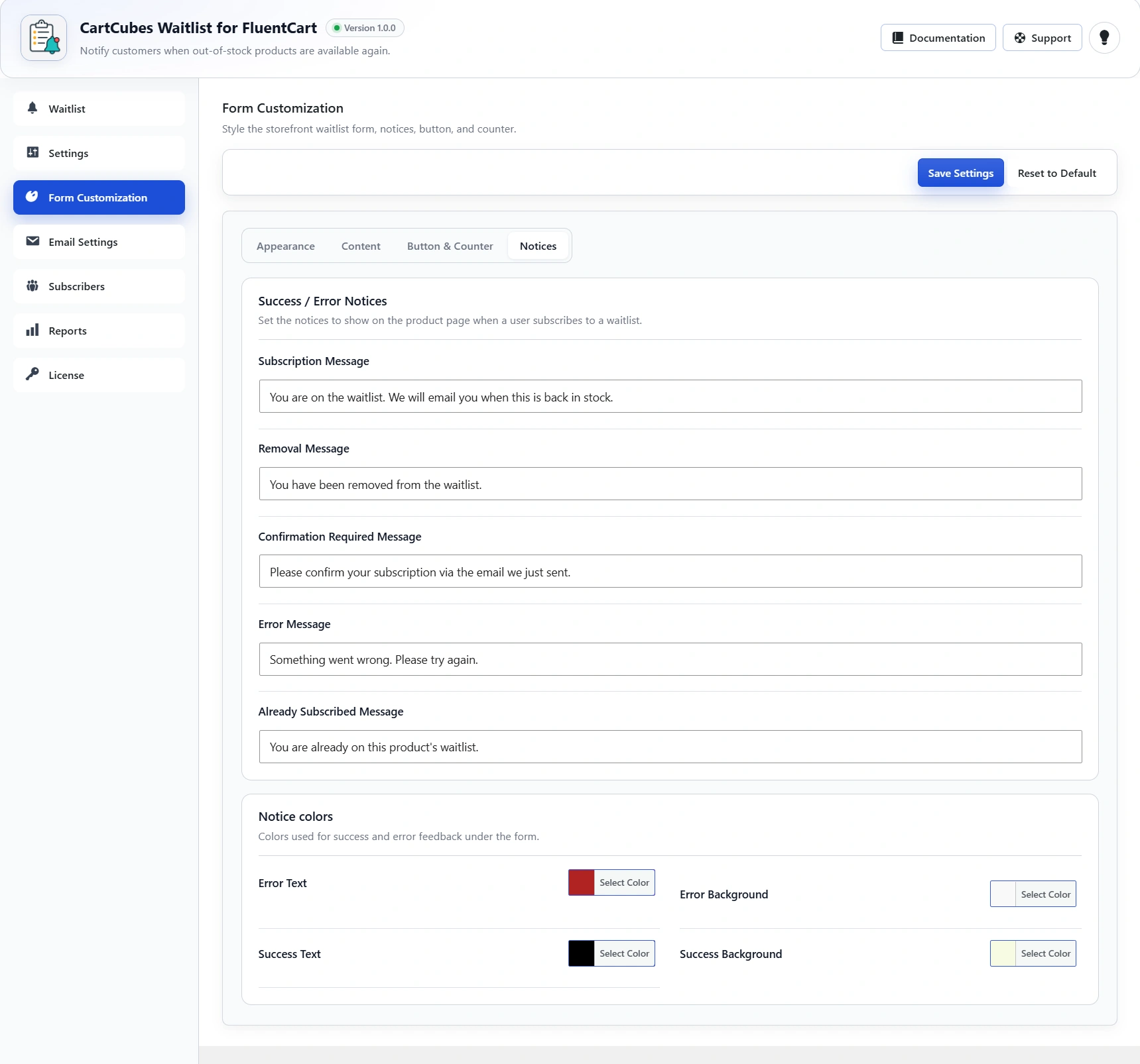 Notices settings: subscription, removal, confirmation required, error and already-subscribed messages, plus notice colors.