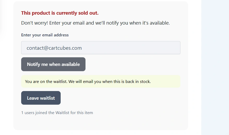 The success notice on the storefront after a shopper joins, with the optional Leave waitlist button below it.