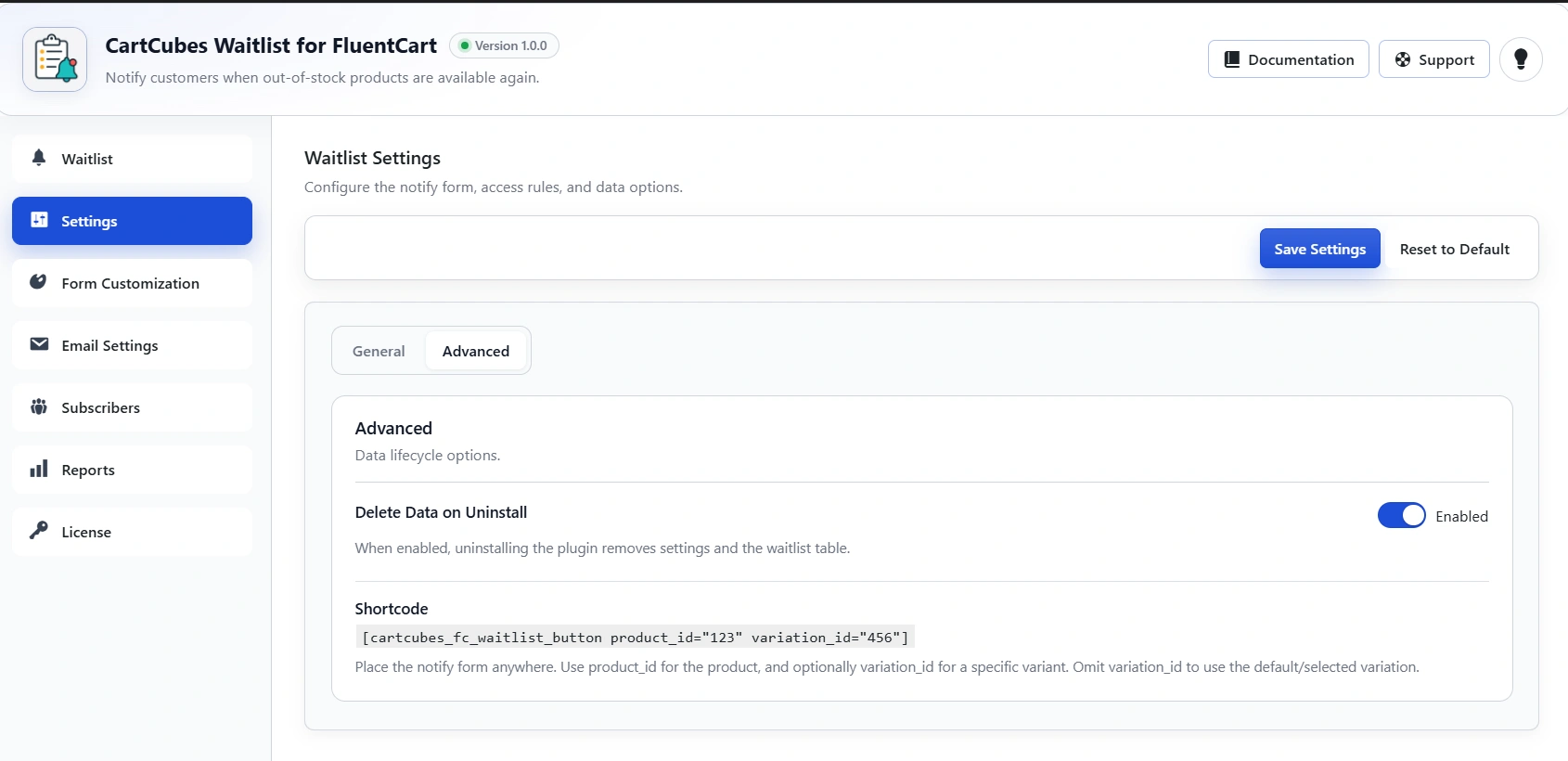 Advanced tab with Delete Data on Uninstall and the [cartcubes_fc_waitlist_button] shortcode.