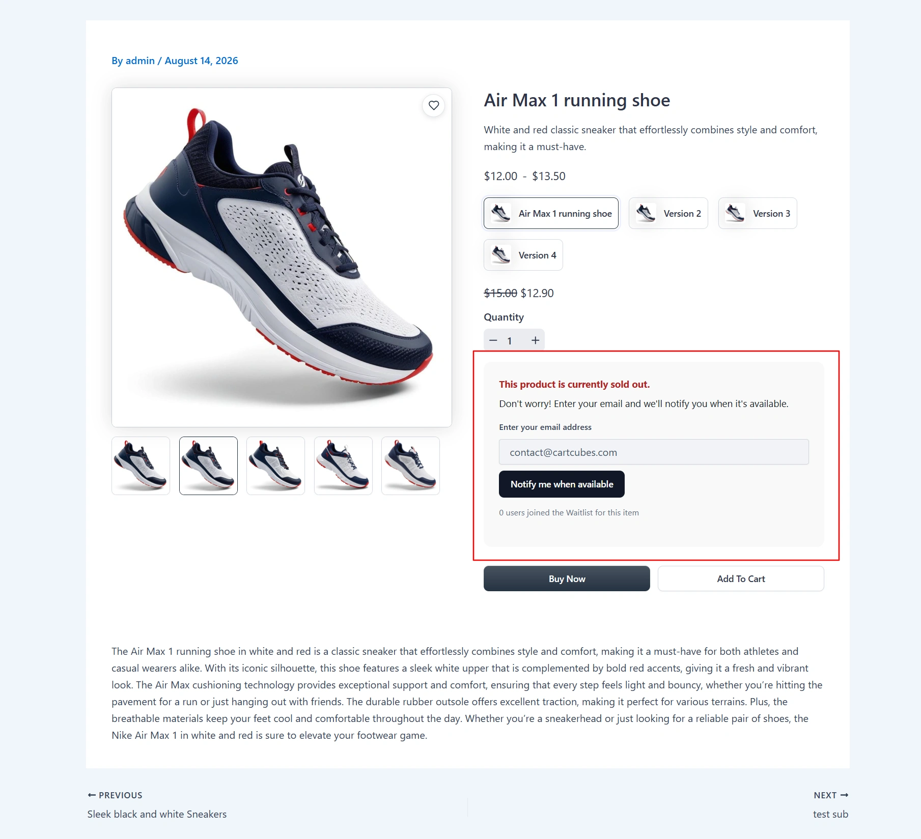The waitlist form on a sold-out product page after Enable Waitlist is turned on.