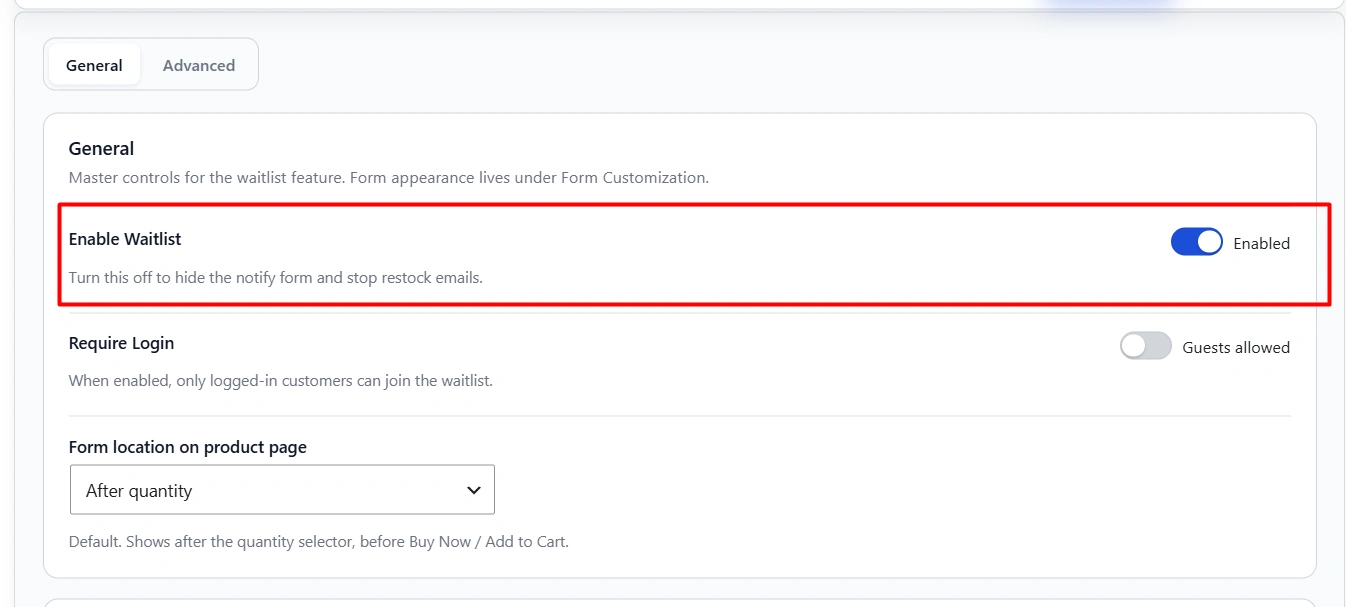 Enable Waitlist toggle. When it is off, storefront features stay hidden and existing subscribers are kept.