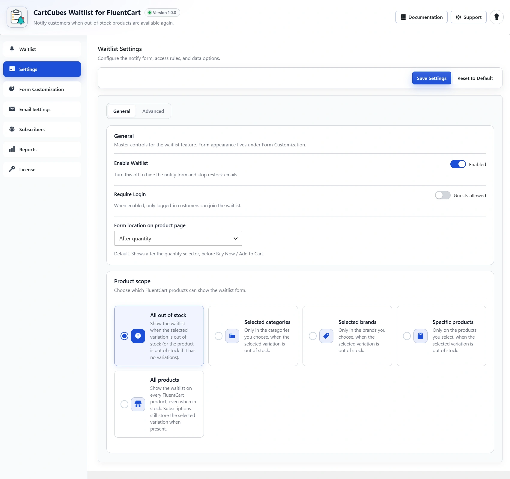 The full General settings card: Enable Waitlist, Require Login, form location and product scope on one screen.