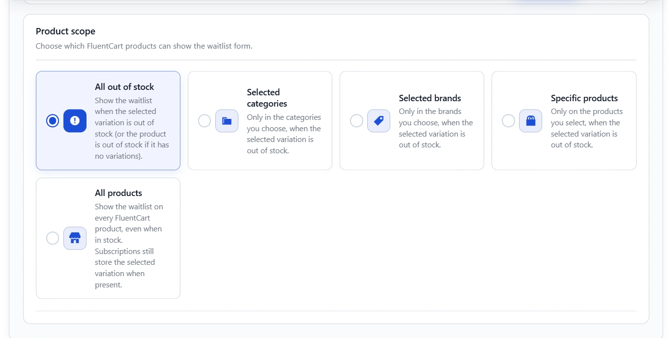 Product scope options: All out of stock, Selected categories, Selected brands, Specific products and All products.