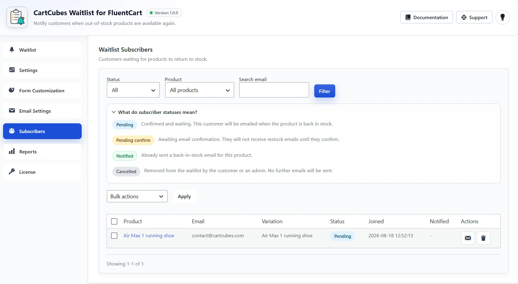 Subscribers table with Product, Email, Variation, Status, Joined, Notified and row actions for send restock email or delete.