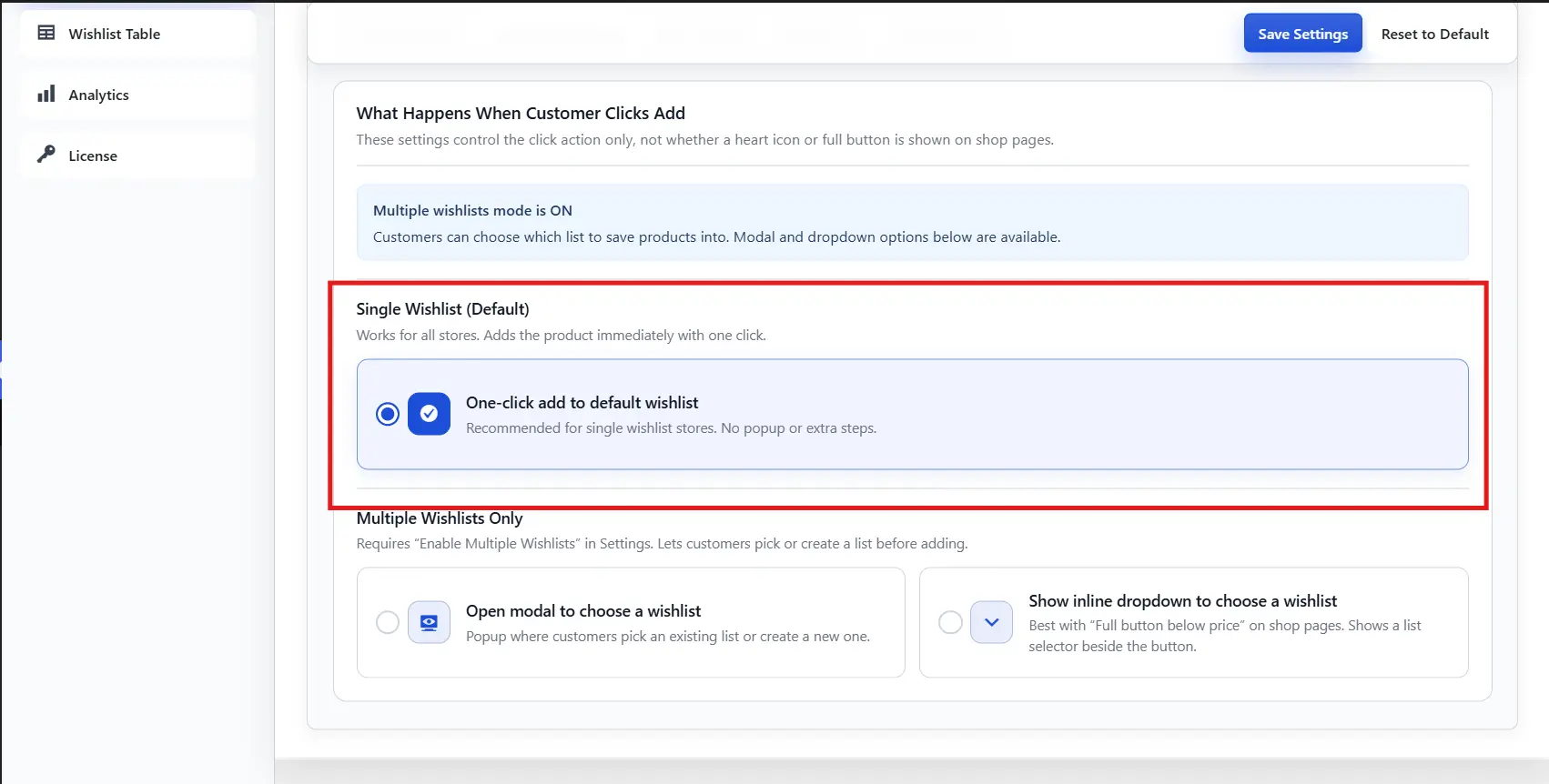 One-click add to the default wishlist
