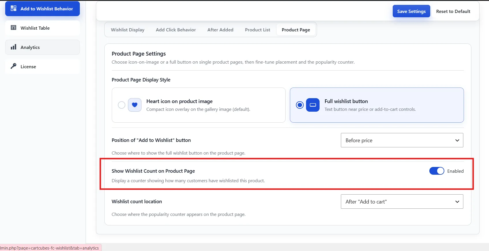 Wishlist count on the product page
