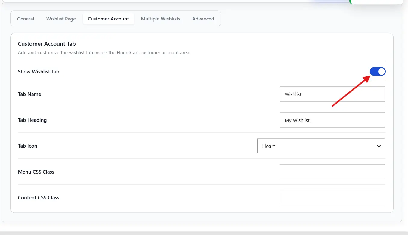 Customer account tab settings
