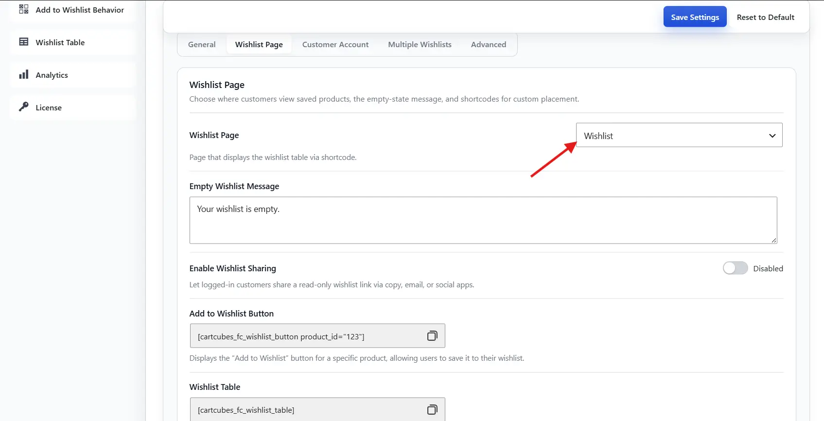 Wishlist page setting