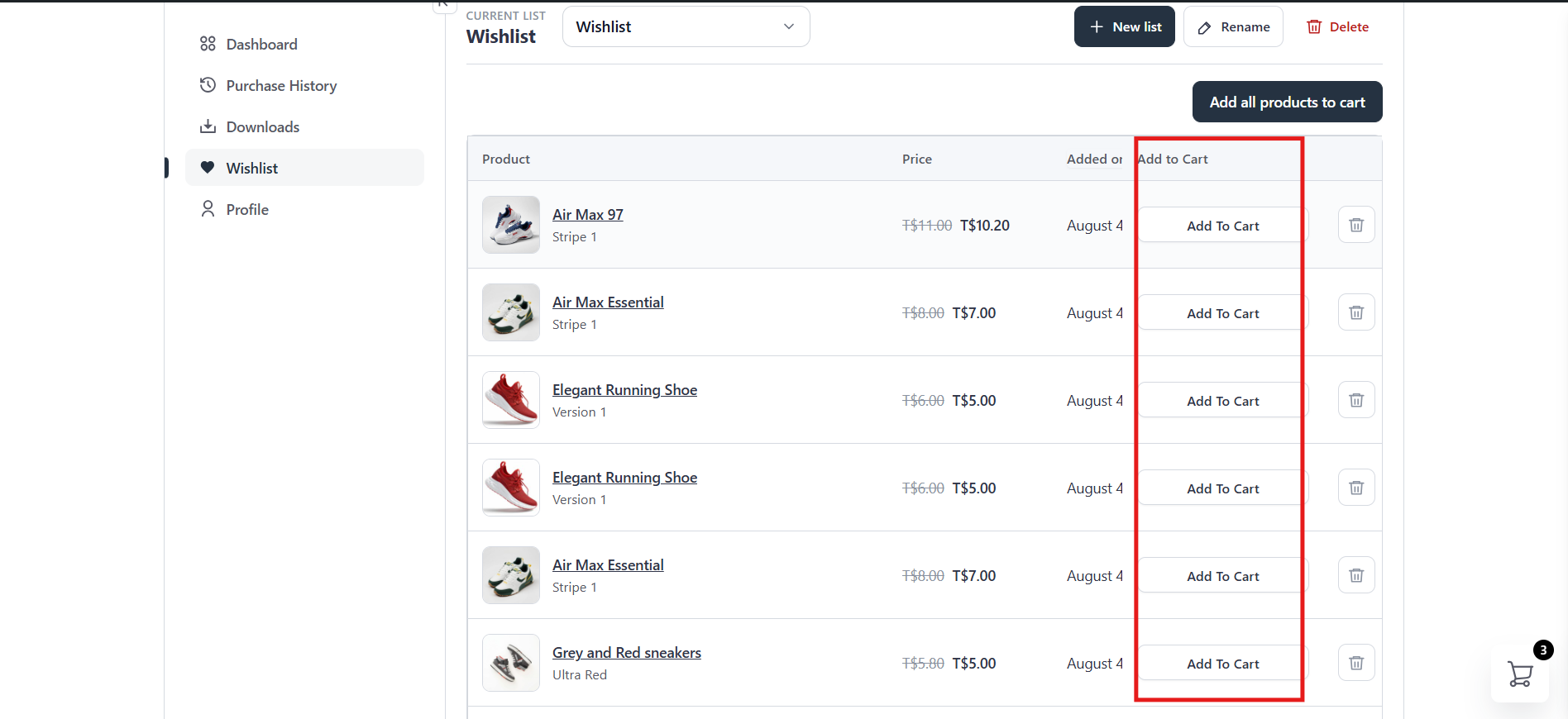 Add to cart column