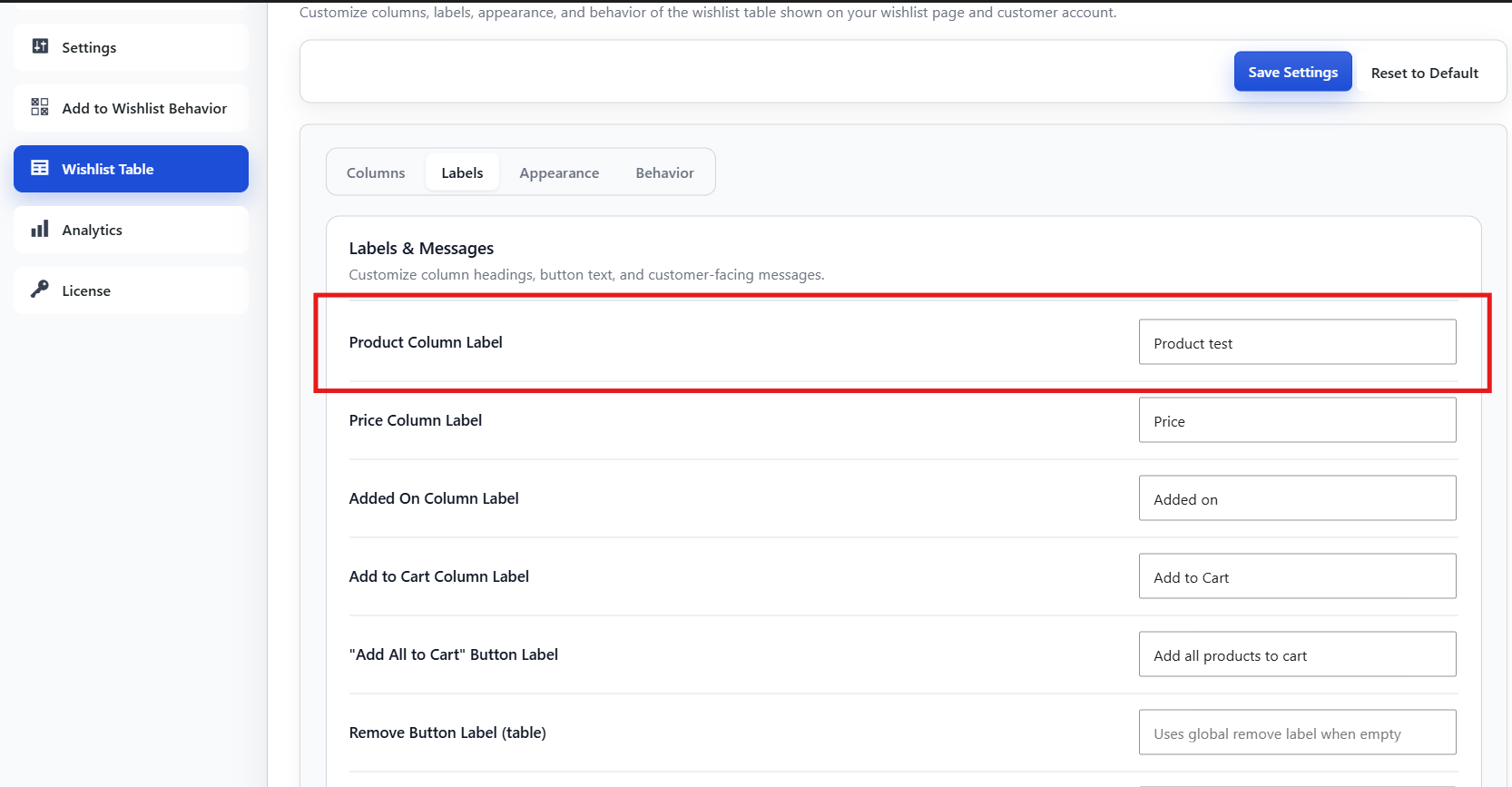 Product column label setting