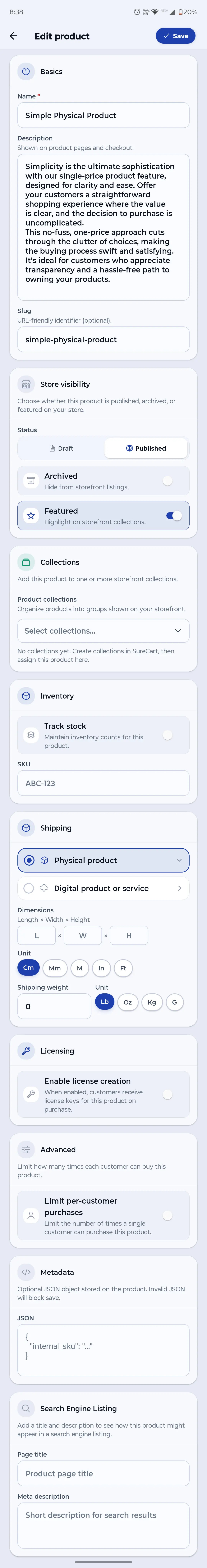 CartCubes Edit product screen with basics, visibility, inventory, shipping and licensing sections