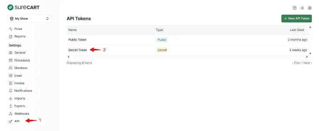SureCart API Tokens settings showing the API menu item and the Secret Token row